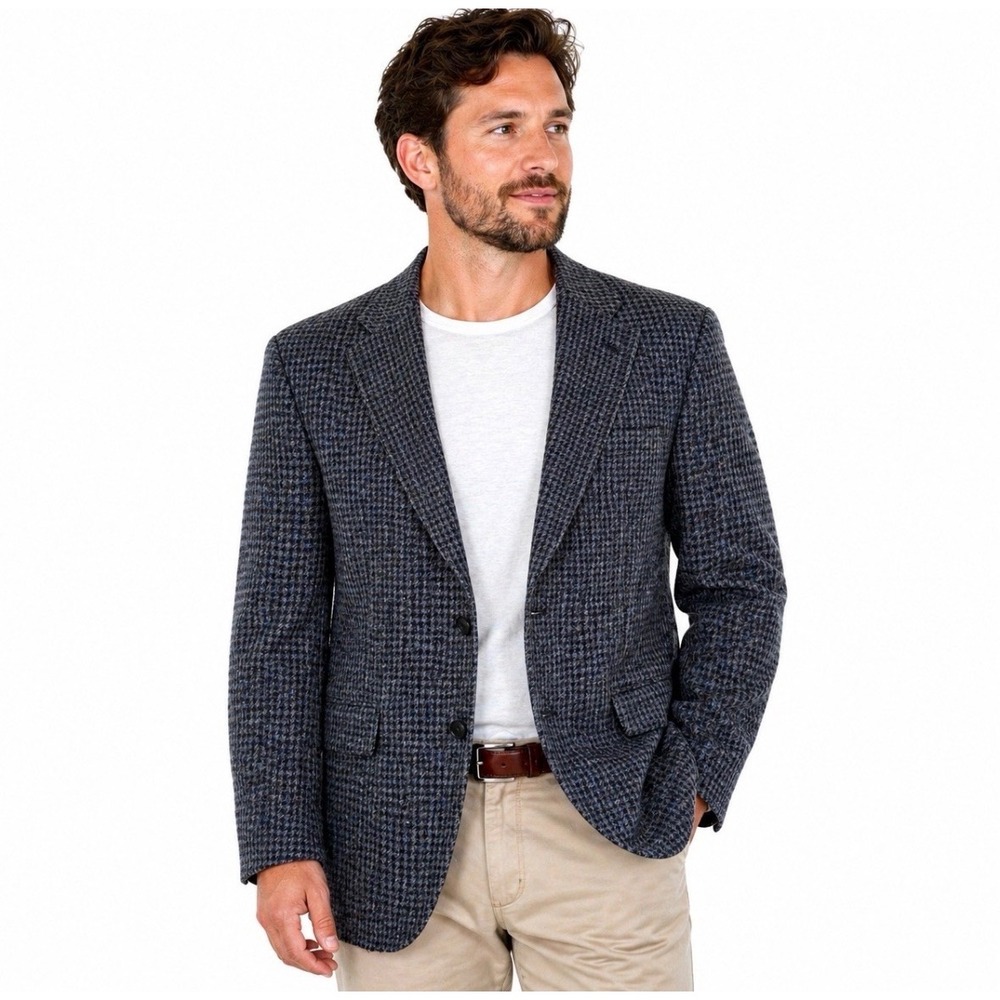 Stanley Blacker Men Blue Black Wool Houndstooth Two Button Blazer Sport Coat 42L